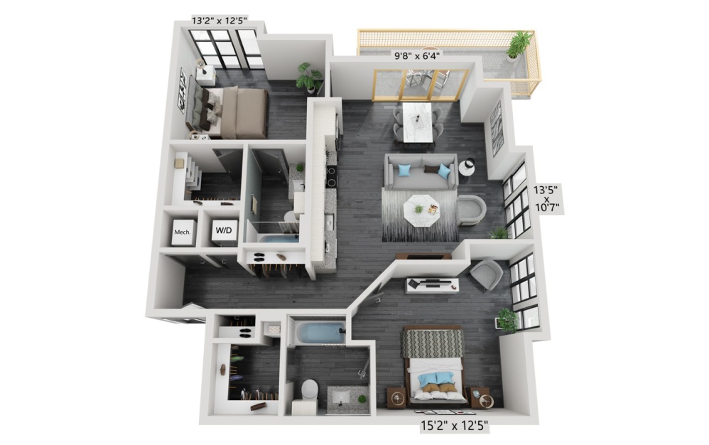 B3.2 - 2 bedroom floorplan layout with 2 bathrooms and 1073 square feet